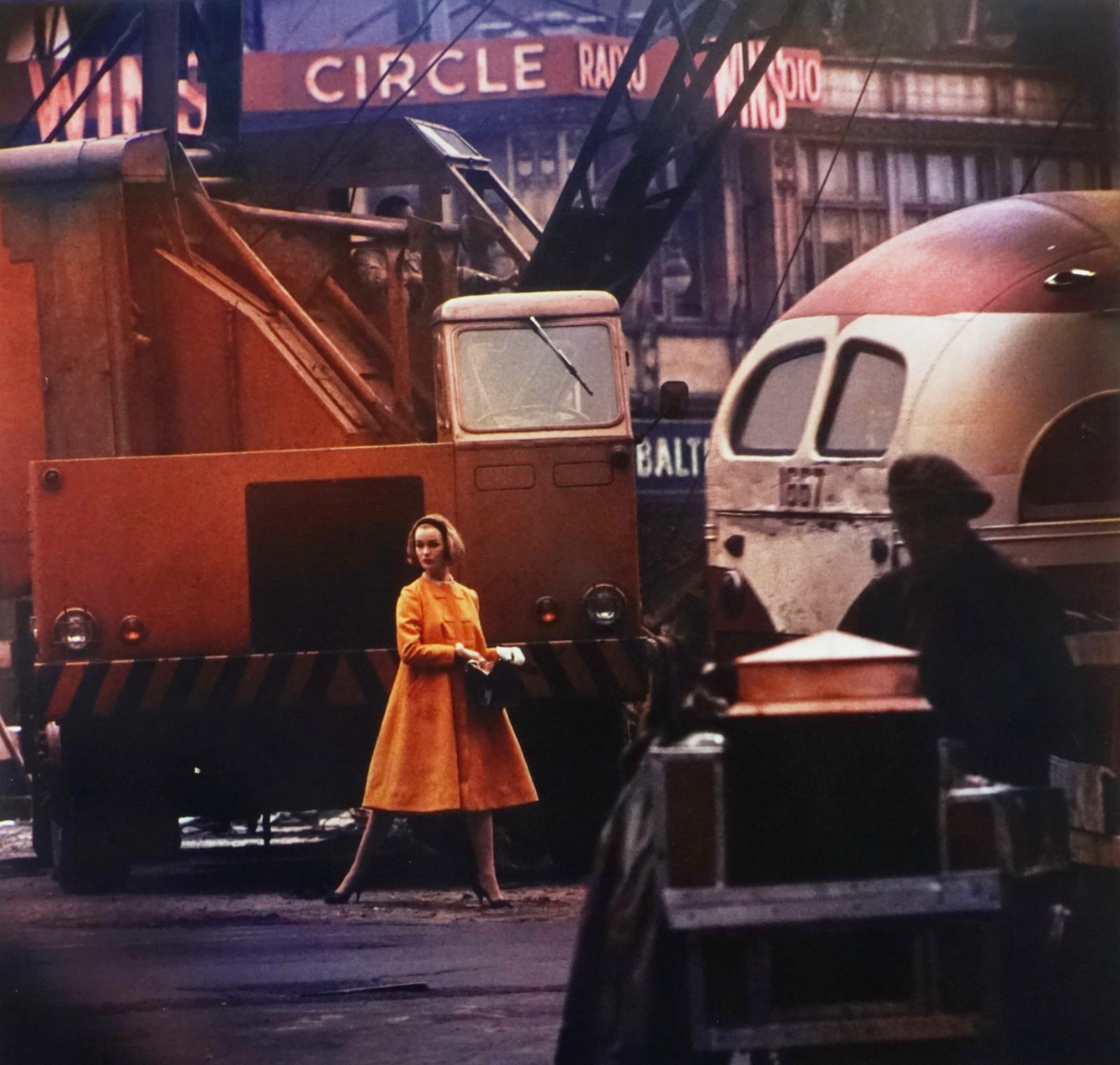 William Klein, Yellow Coat + Bus + Crane, New York, 1958