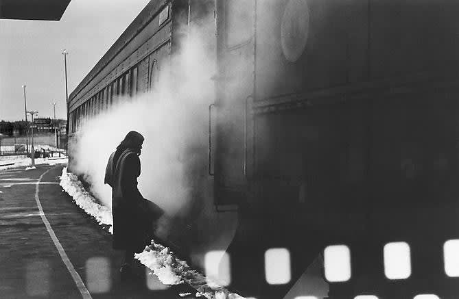 Charles Harbutt, Woman and Train, Providence, RI, 1976
