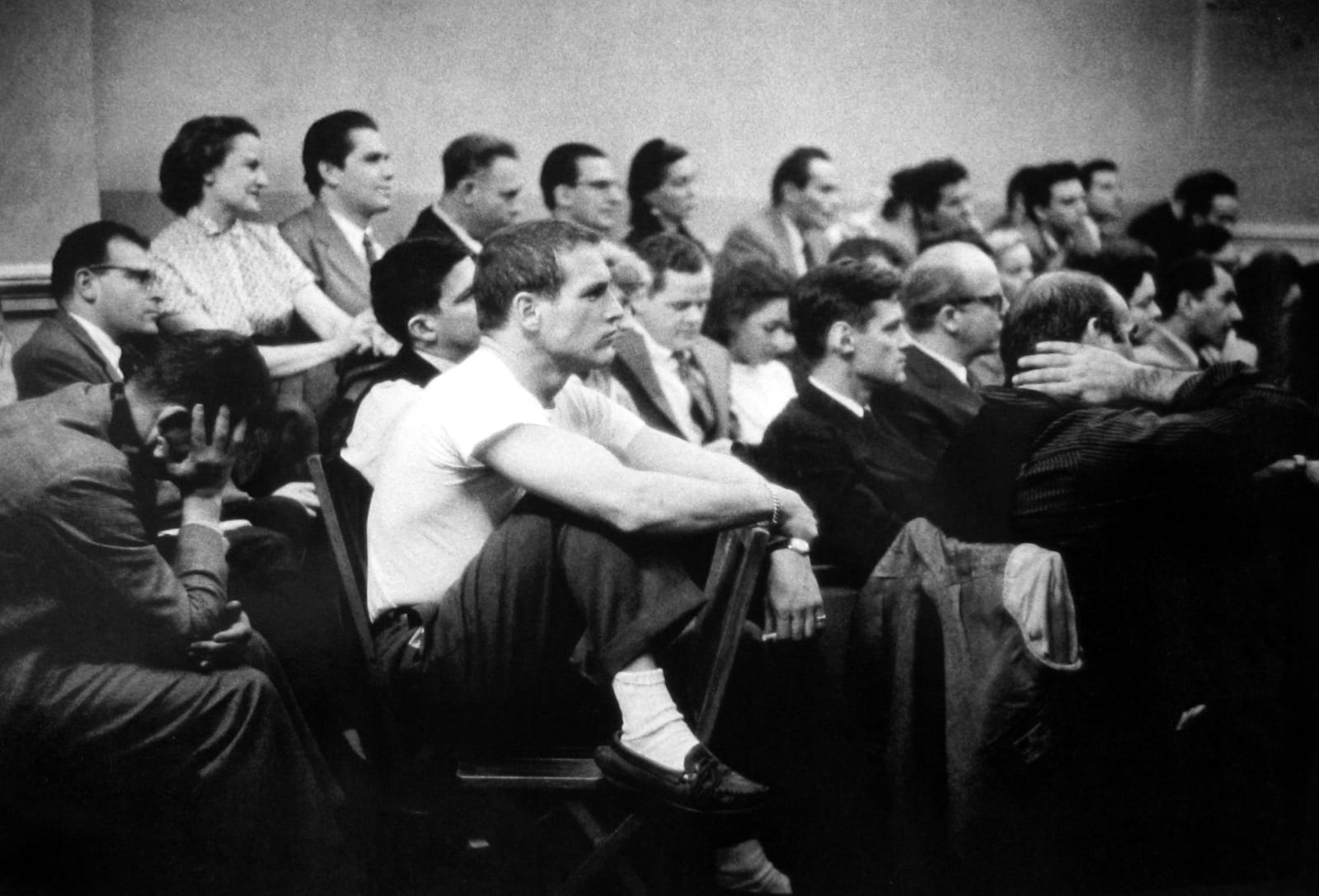 Eve Arnold, Paul Newman in white t-shirt taking a class at The Actors Studio, New York, 1955