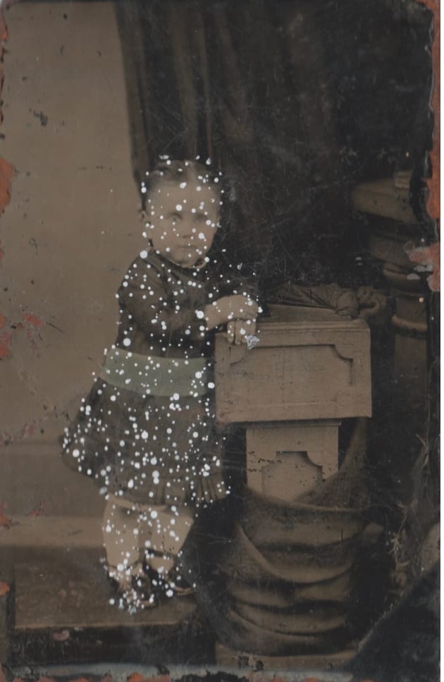 John Latour, Wide-eyed girl with dress and sash leaning against a podium, 2025