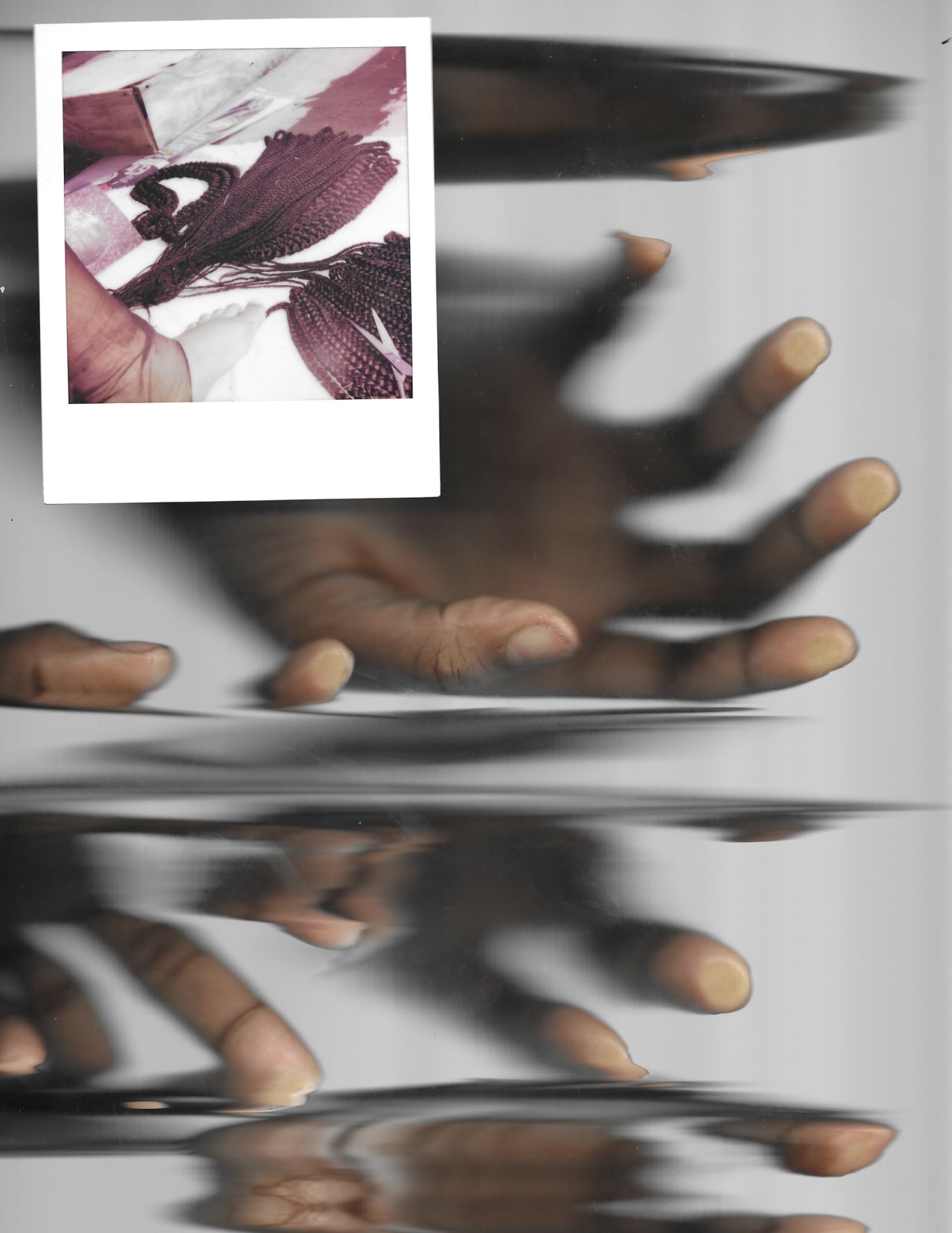 Joanne Petit-Frère, Studio Hands #17 - Another Net, Let's Build & Go (Featuring Polaroid of Draft of Braids on Roof During Covid), 2020