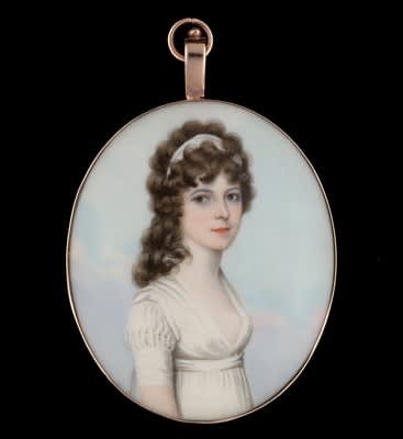Frederick Buck, Portrait miniature of a Young Lady in a white low-cut dress, early 19th century