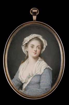 Attributed to Nicolas-François Dun, Portrait miniature of a lady with a pink rose, signed 'AD', 1787