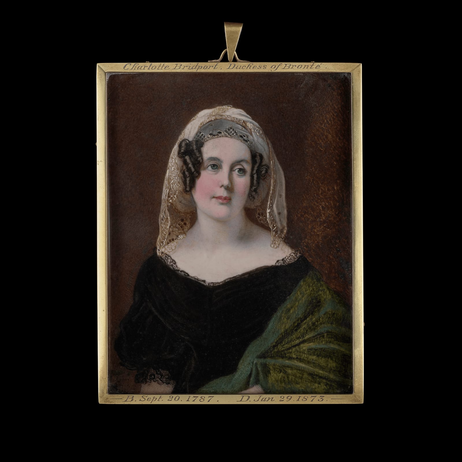 Robert Thorburn, Charlotte Mary Hood (née Nelson), Baroness Bridport, Duchess of Bronte (1787-1873), niece of Admiral Viscount Nelson, wearing black velvet dress trimmed with black lace, green ‘Kashmir’ shawl and ‘turban’ headdress, c. 1840-5