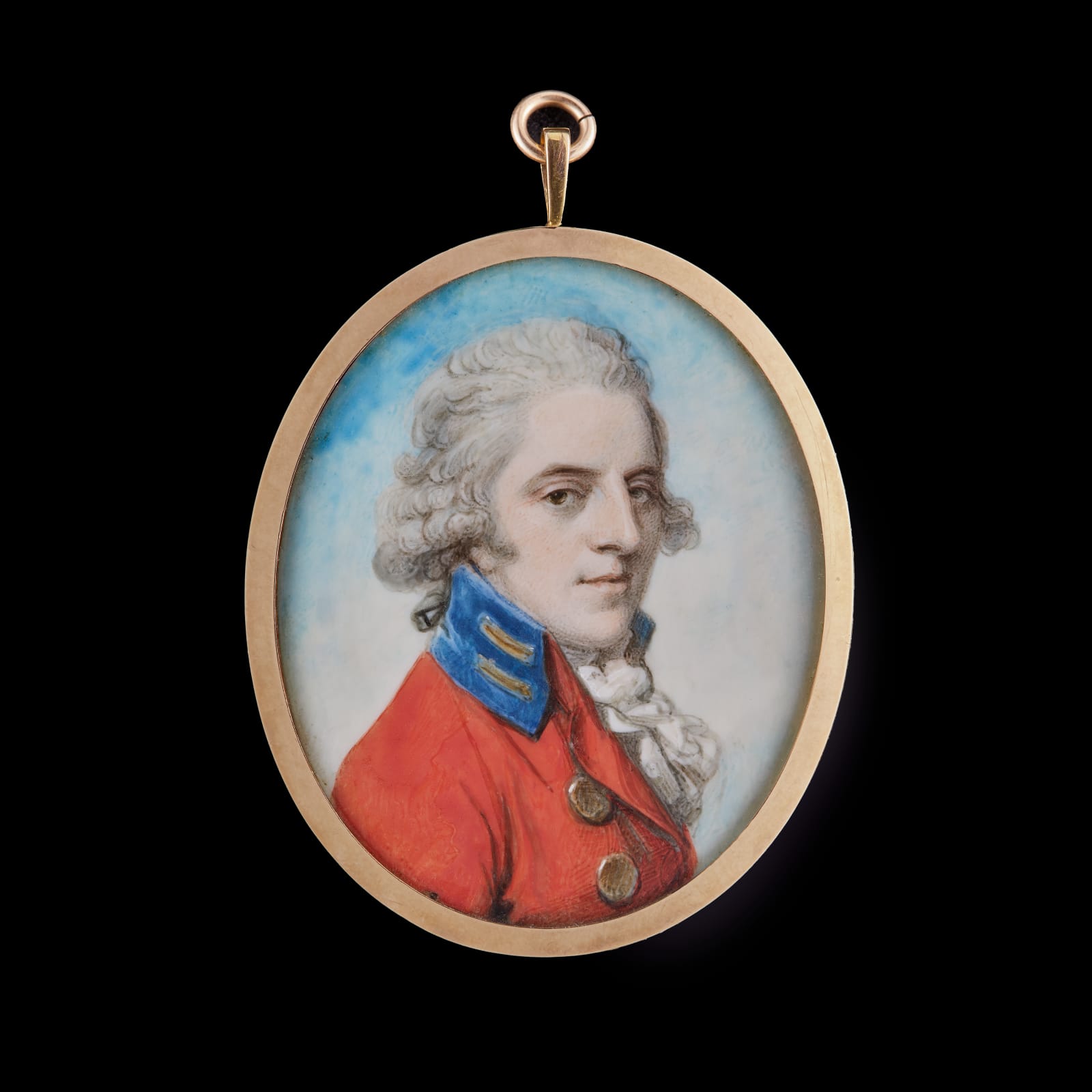 Richard Cosway, Sir John William de la Pole, 6th Bt. of Shute, MP (1757-99), wearing military-style scarlet coat with blue facings, his hair powdered and worn en queue, 1785