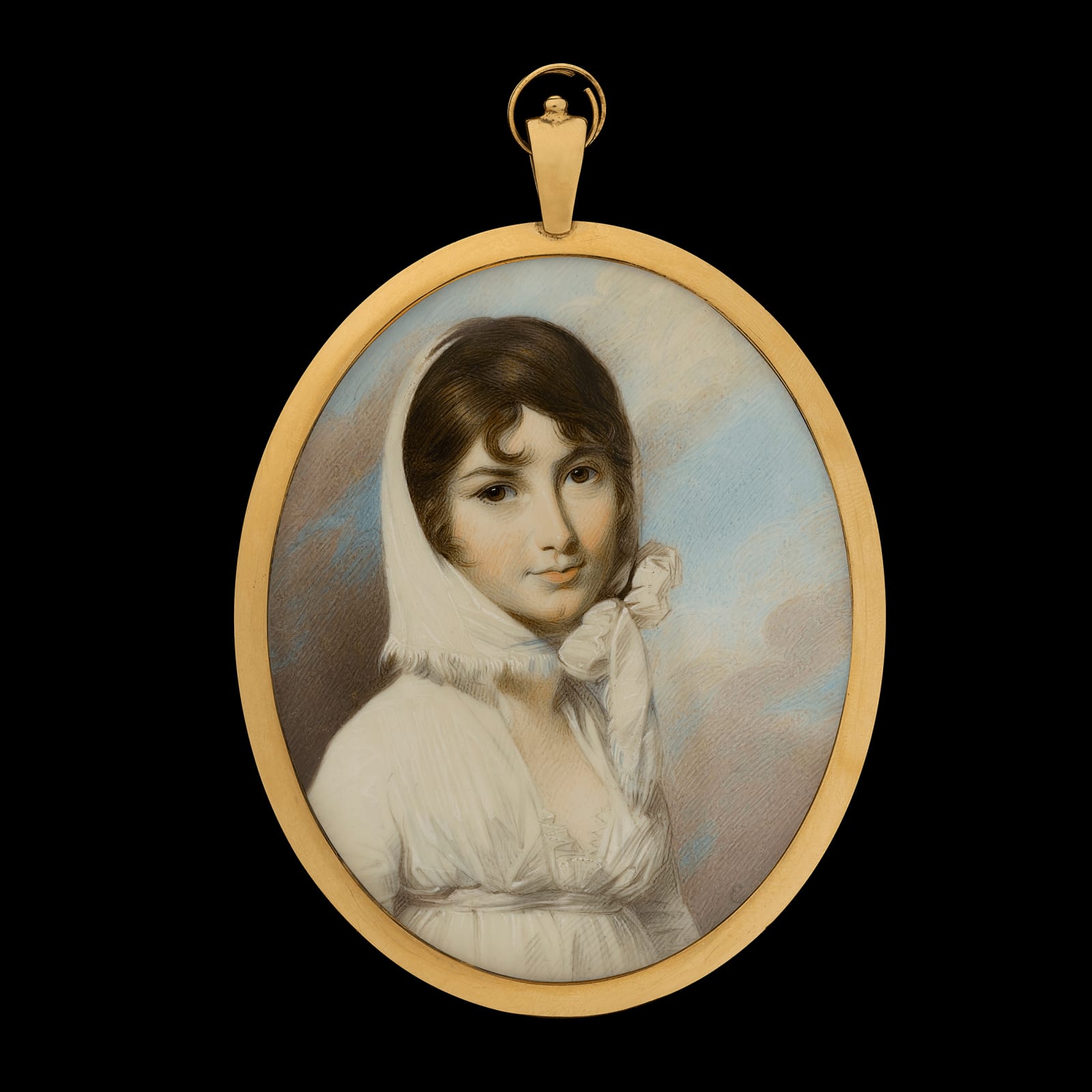 George Engleheart, A Lady, possibly Lady FitzGerald, wearing white dress and matching white headscarf, c. 1801