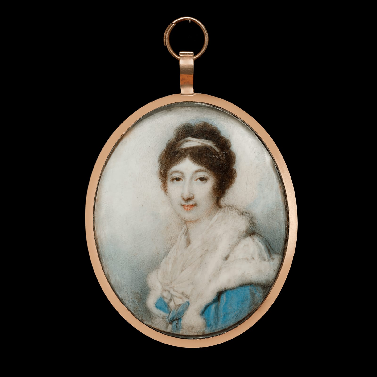 Richard Cosway miniature portrait of a Lady in white blue cloak in c. 1800 currently for sale at Philip mould & company