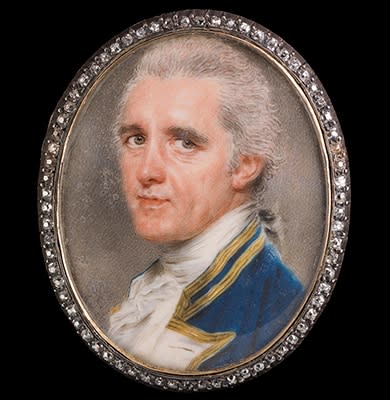 John Smart, Portait miniature of a naval Captain in gold-bordered naval uniform with white facings and cravat, powdered hair en queue, 1786