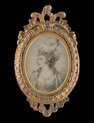 Richard Cosway, Portrait drawing of Mrs Elizabeth Billington (1765-1818), as Coraly in The Peruvian, her head almost in profile to left, wearing a turban decorated with ostrich feathers and pearls, and an ermine-trimmed coat, 1786