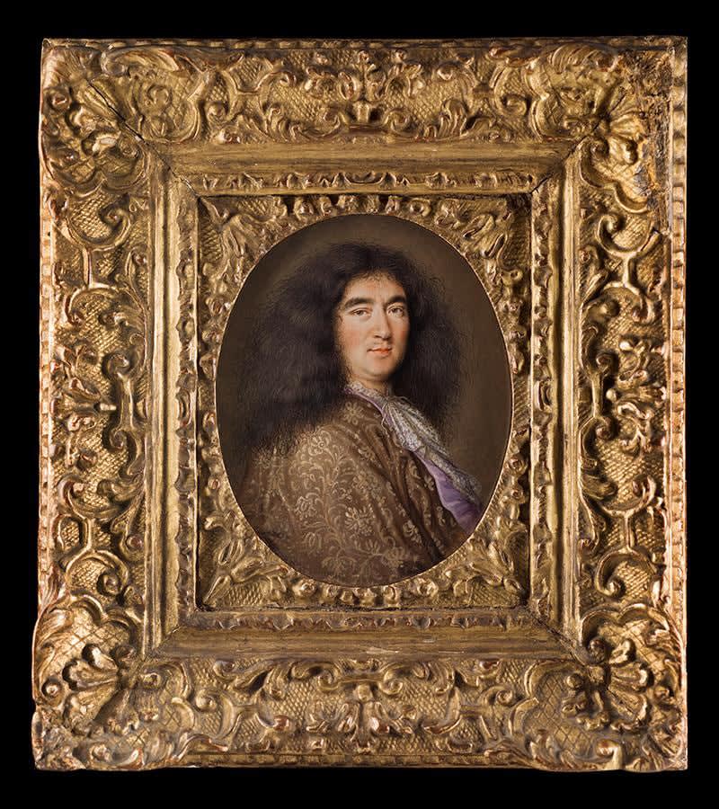 Pierre-Paul Sevin, Portrait miniature of a Gentleman wearing a gold cloak and lace cravat, late 17th century