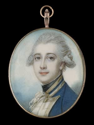 Richard Cosway, Portrait miniature of a naval captain, possibly Sir Charles Edmund Nugent (bap.1759-1844), wearing blue naval uniform with white facings and gold lace, his hair powdered, sky background, c. 1790