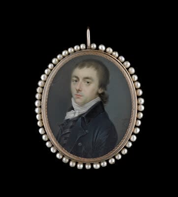 Leonardus Temminck, Portrait miniature of a Gentleman wearing black jacket with black and grey striped waistcoat and white stock, late 18th century