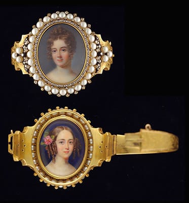 Emmanuel Thomas Peter, A bracelet set with two portrait miniatures of Ladies, possibly sisters, one with her hair curled, the other with a rose in her hair, mid 19th century