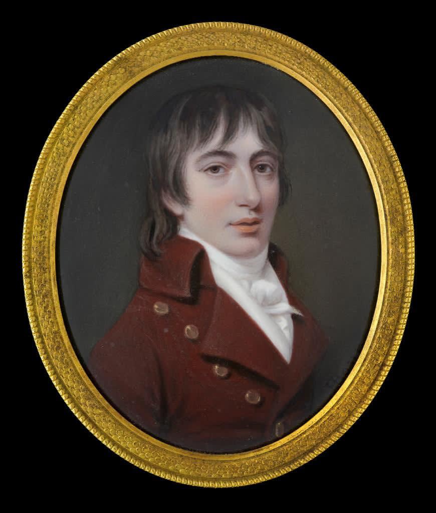 Henry Bone RA, Portrait enamel of a Young Man, probably the artist’s son Peter Joseph Bone (1785-1814), wearing brown coat with brass buttons, early 19th century