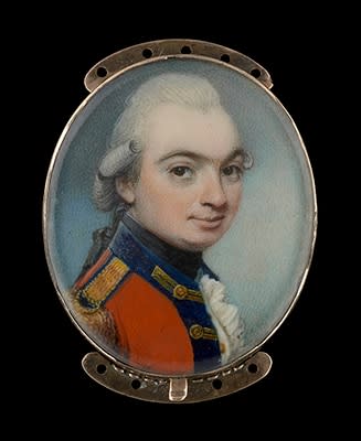 George Engleheart, Portrait miniature of an Officer of a Royal regiment of Foot, wearing scarlet coat with dark blue facings and gold lace, the lace loops on his lapels square-ended, late 18th century