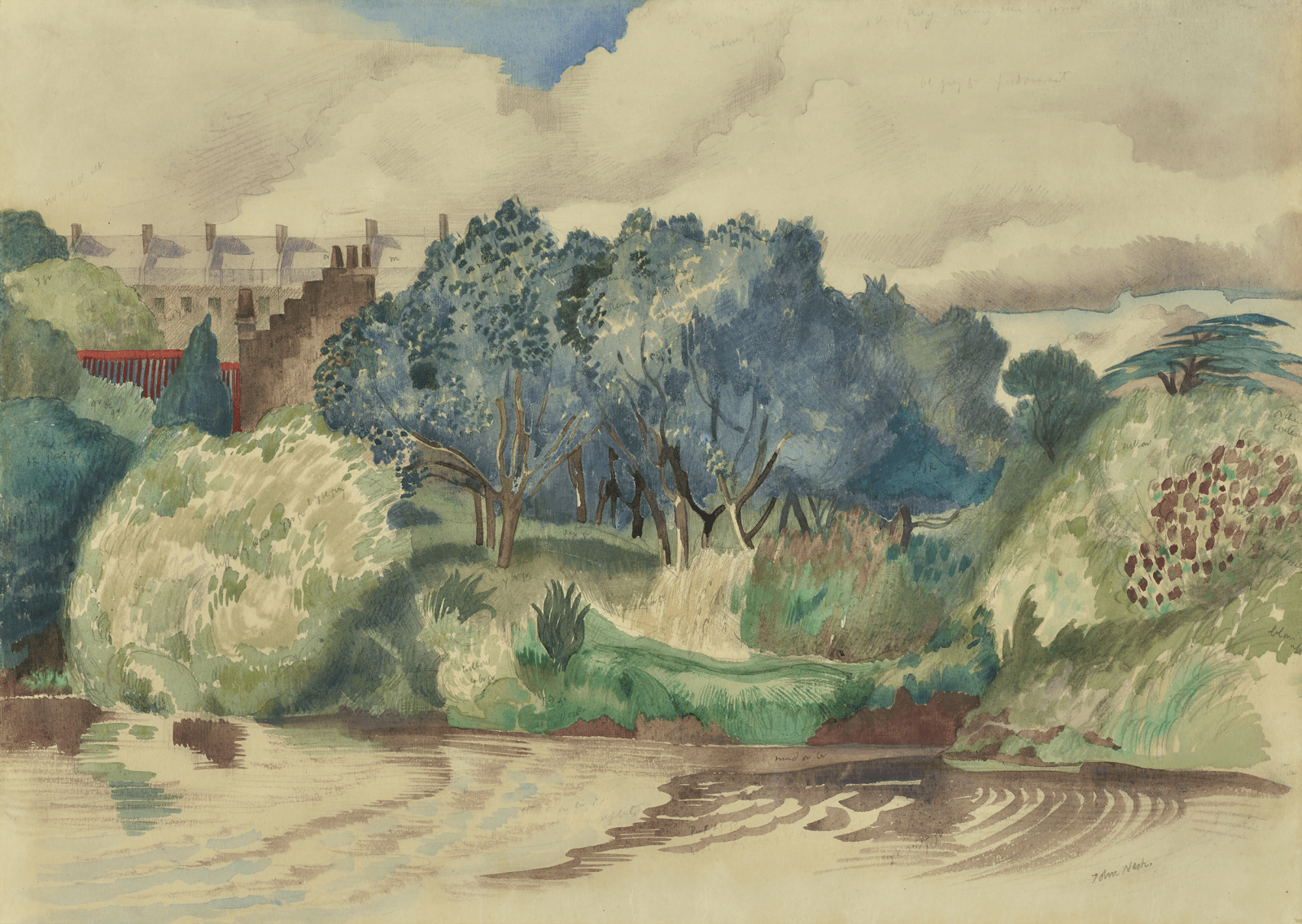 John Nash Watercolour and pencil painting of a view from the Avon in c.1925-1927 currently for sale at Philip mould & company