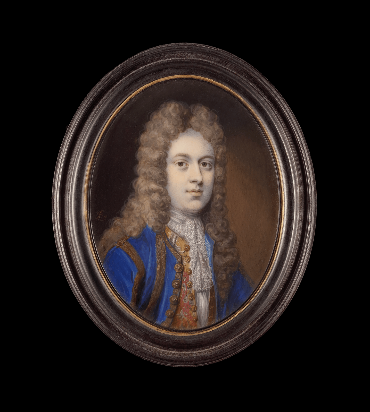 Bernard Lens, A Gentleman, possibly Peter Upcher (1691-1737), wearing a blue coat with gold trim and embroidered waistcoat, long wig, 1720