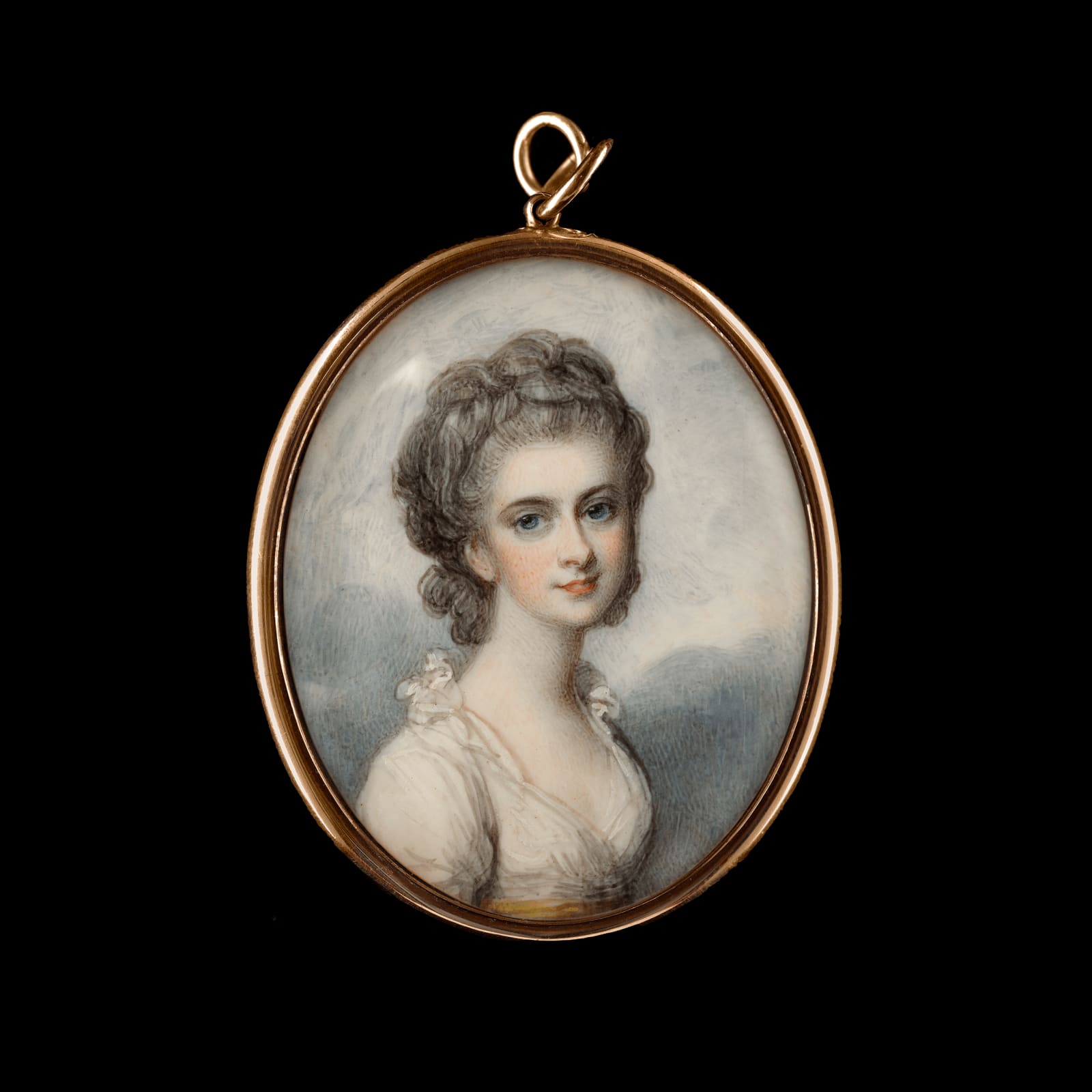Richard Cosway, A Lady, wearing white muslin dress with high collar and yellow belt, her hair powdered, c. 1780