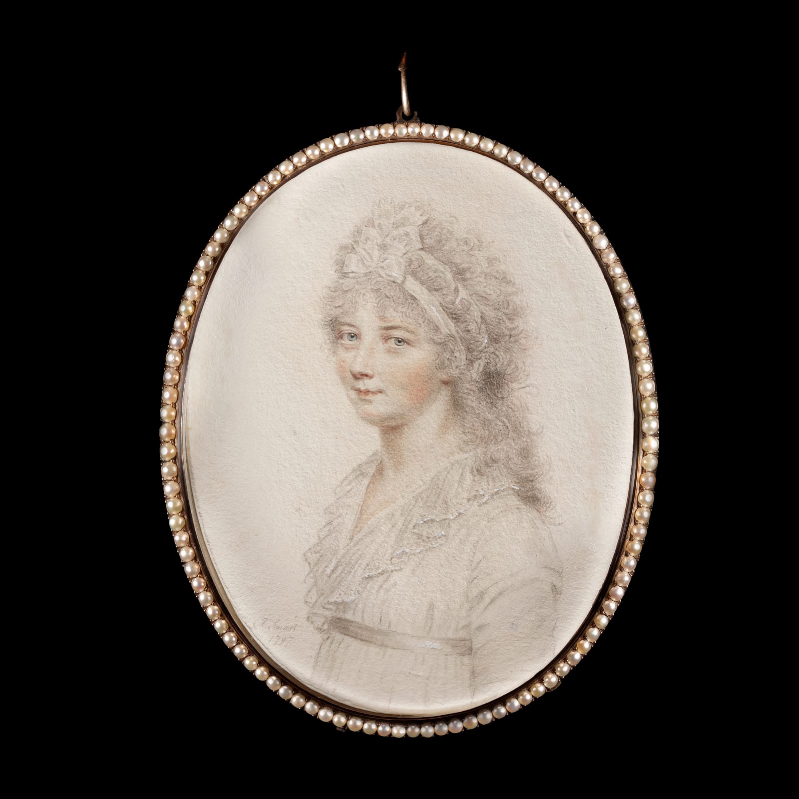 John Smart, Mrs. Parker of Bath, wearing white muslin dress and two bows of white silk ribbon in her powdered hair, 1797