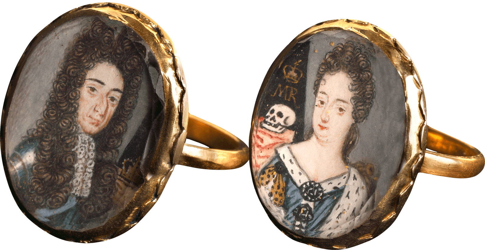 English School, A pair of finger rings; one depicting King William III (1650-1702); the other depicting Queen Mary II of England (1662-94), c. 1695