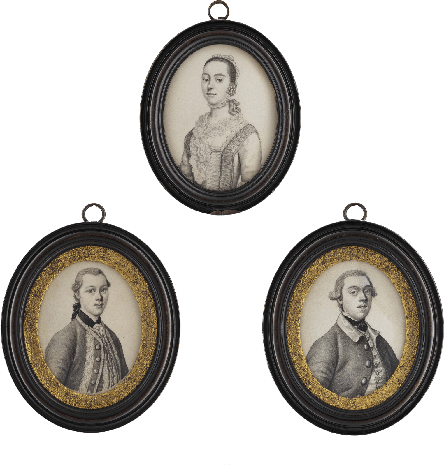James Ferguson, Three portraits, including a portrait of James Caulfield, 1st Earl Charlemont (1728-99); a young Gentleman, wearing jacket and waistcoat with braid border and a Lady, wearing dress with lace fichu and bonnet, c. 1755