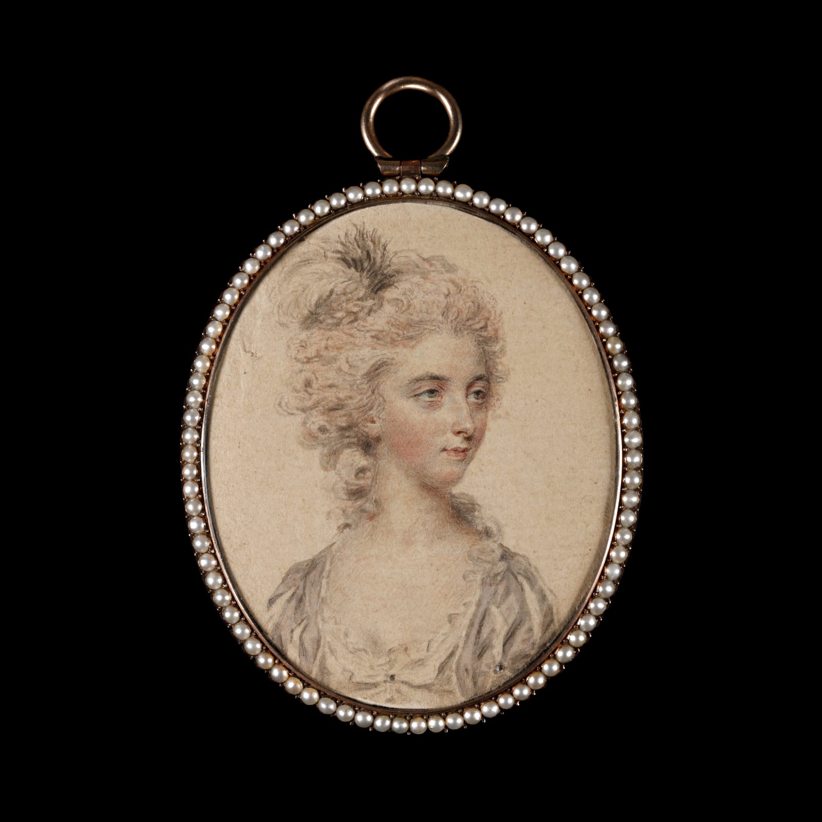 John Smart, Portrait drawing of Mrs Elizabeth Shippey of Sloane Street, Knightsbridge, wearing a grey dress, black and white feathers in her powdered hair, 1784