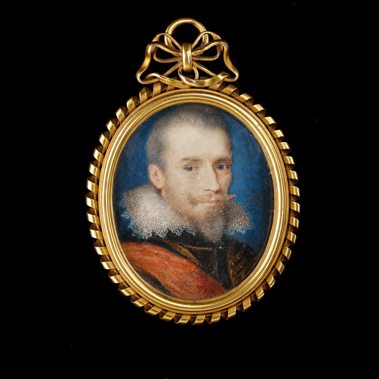 Peter Oliver, An unknown Gentleman, wearing gilded armour, a wired lace collar and a crimson sash of command, c. 1610