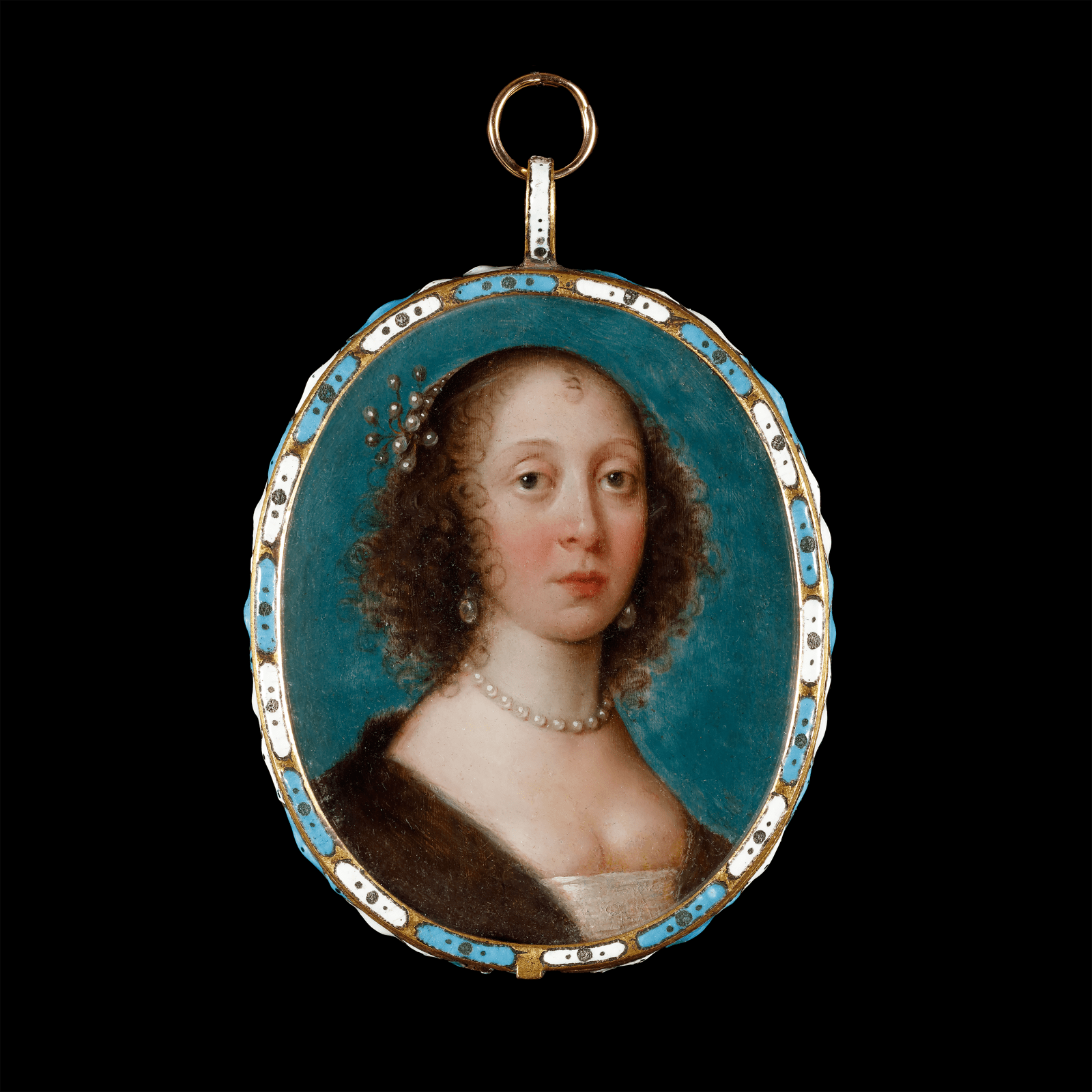 Anglo-Flemish School, A Lady, wearing gown with white satin bodice, fur trimmed cloak, pearls at her neck, pearl earrings and a pearl and silver hair ornament, c. 1650