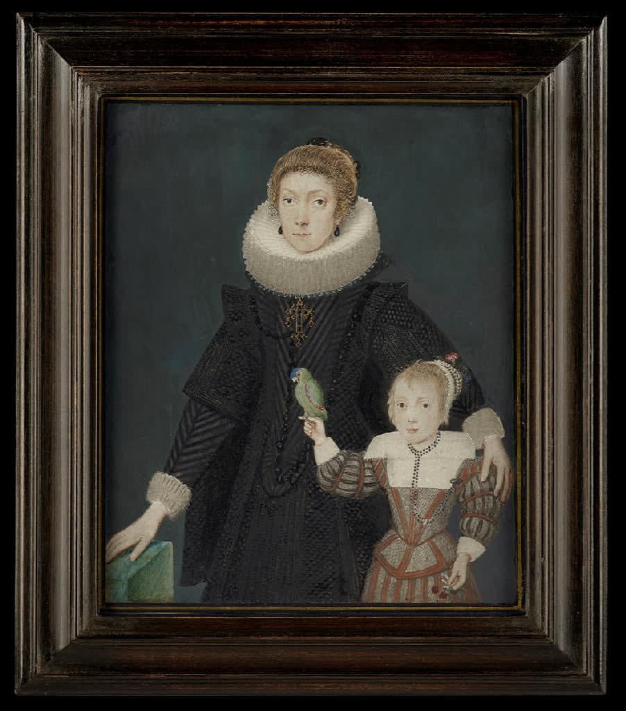 Dutch or Flemish School, A Mother and Child; she, wearing black dress, white ruff and large, jewelled cross; the child, holding a parrot, wears fawn and rust-coloured tunic, white lawn collar and cap with fresh flowers, cherries in their left hand, gilded border, c. 1620