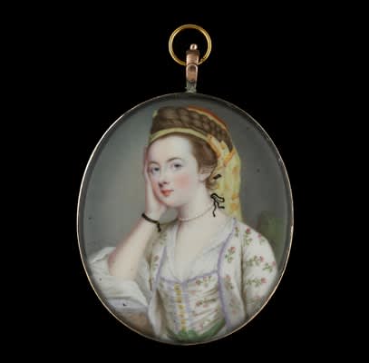 Gervase Spencer, A portrait miniature enamel of Susannah Beckford (nee Love) dressed à la Turque in a white costume sprigged with pink flowers and green leaves..., 1755