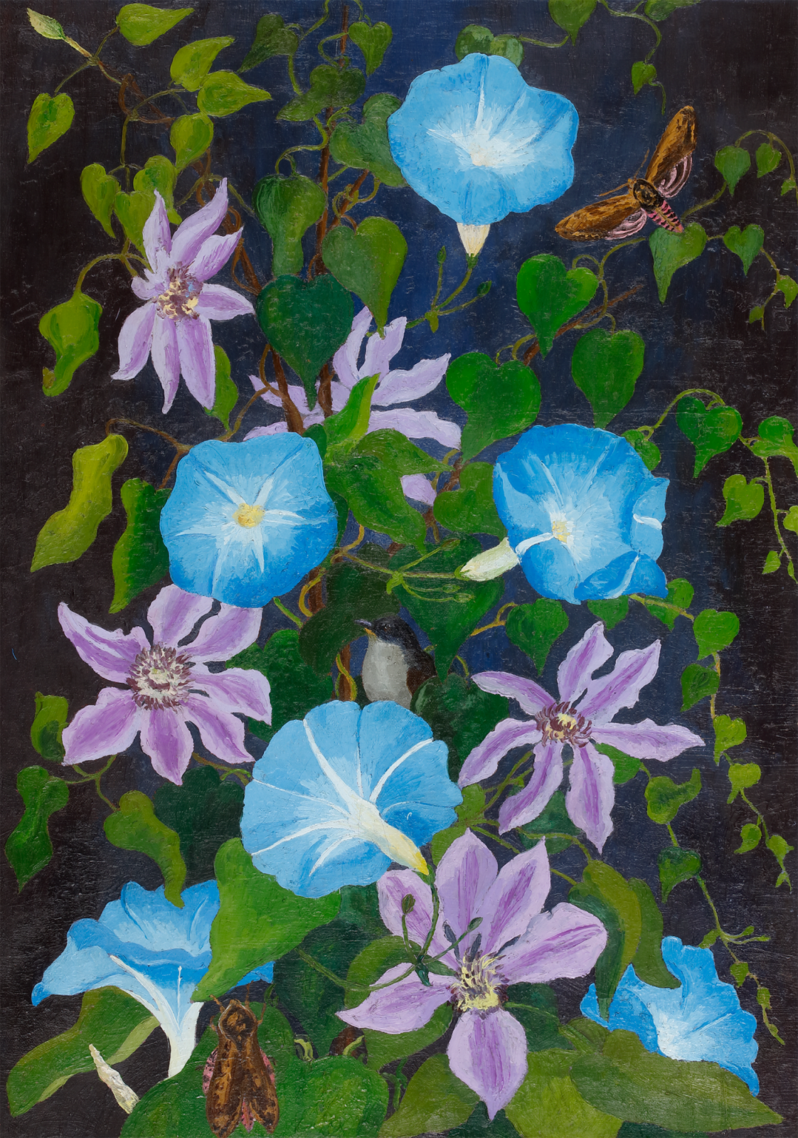 Cedric Morris, Study of Climbing Flowers, Moths and a Bird, c. 1940