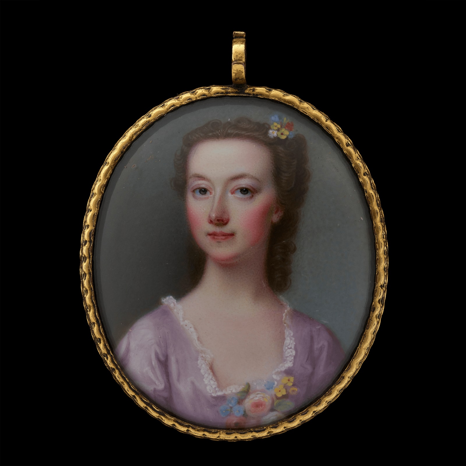 Jean André Rouquet, A young Lady, wearing pale pink dress, flowers at her corsage and in her curled hair, c. 1740