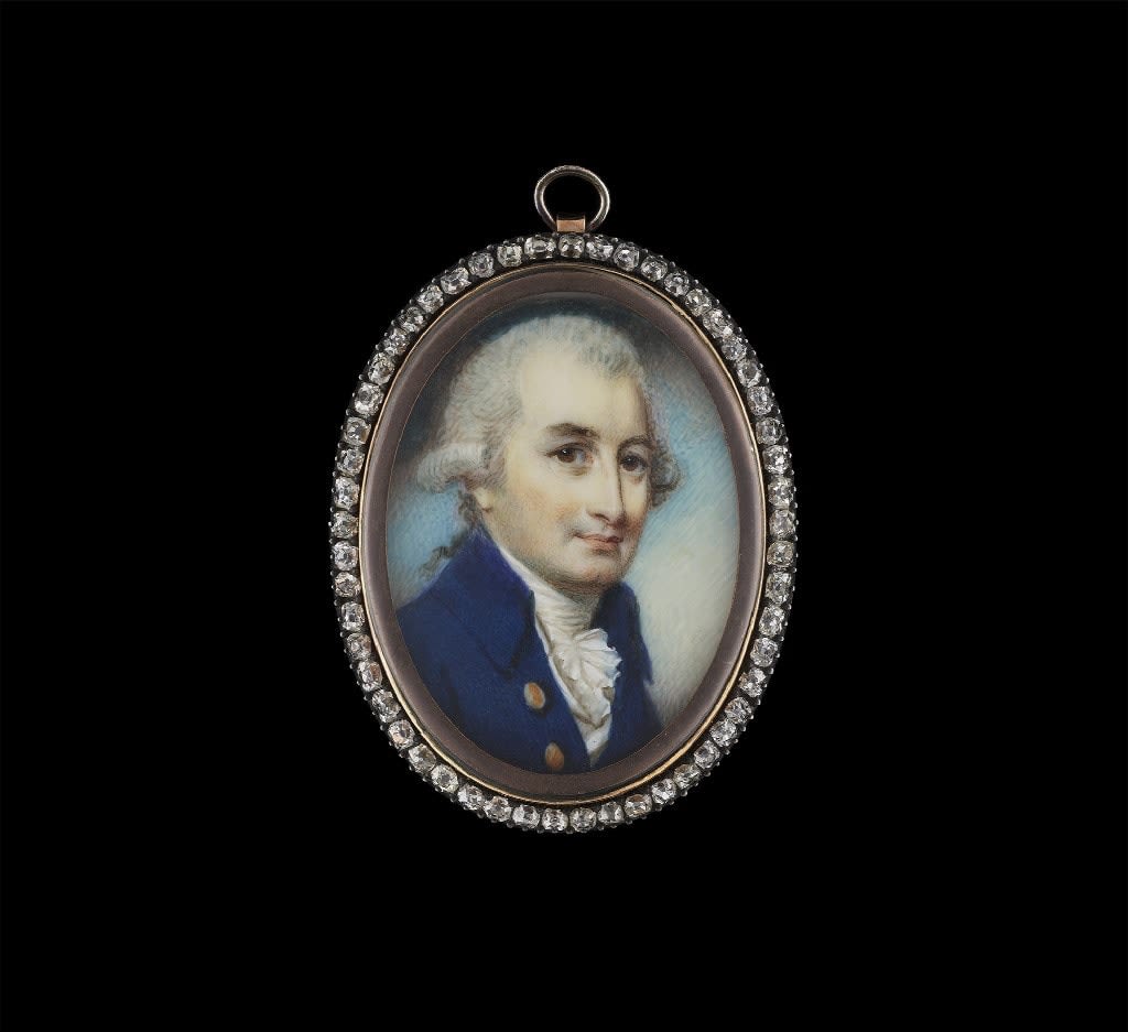George Engleheart, Richard Barwell (1741-1804), wearing blue coat, white waistcoat, frilled chemise and stock, his powdered hair worn en queue and tied with a black ribbon bow, c. 1786