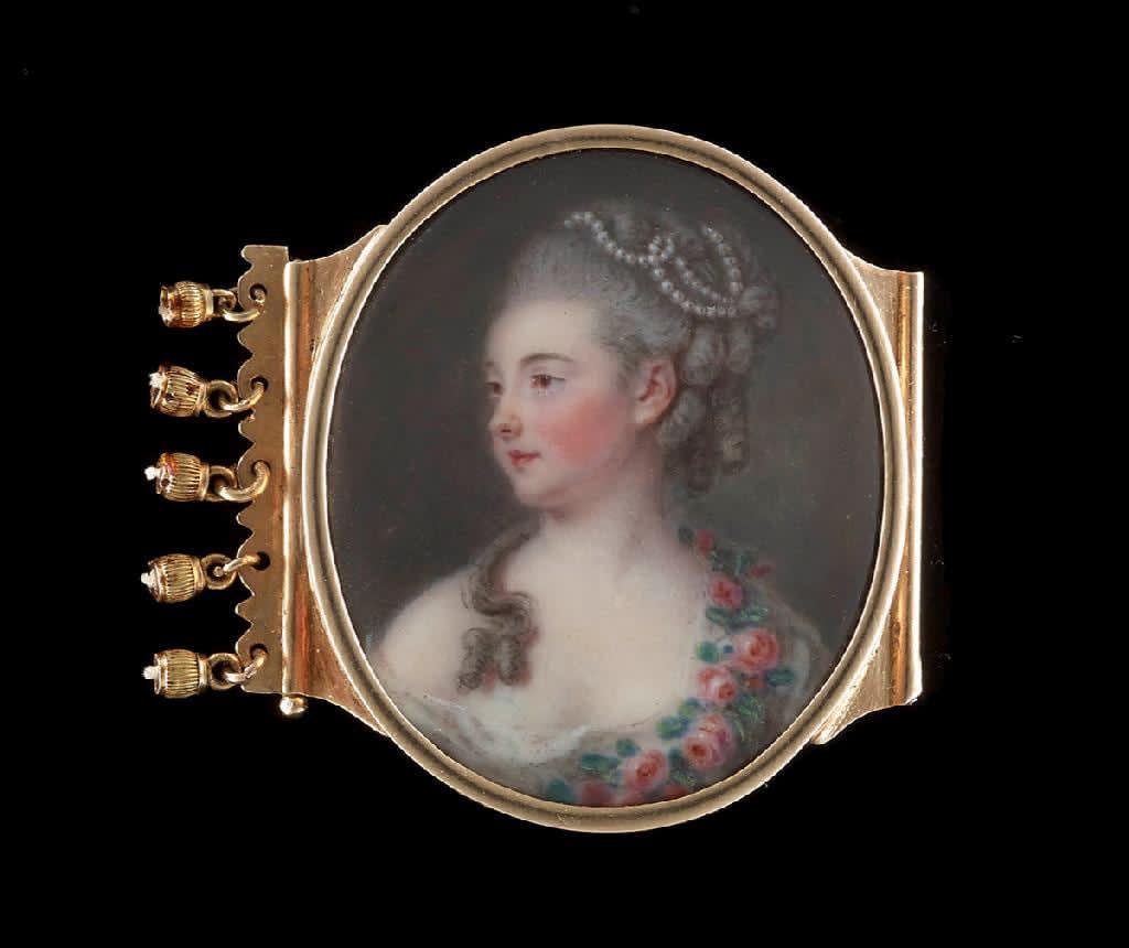Attributed to Pierre Pasquier, Portrait enamel of Michelle Guesnon de Bonneuil (née Sentuary) (1748-1829), wearing white gown with pink roses draped across her shoulder, her hair curled and powdered and decorated with pearls, c. 1773