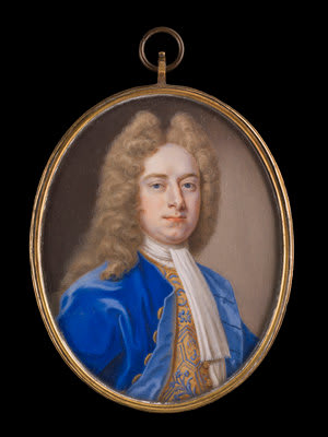 Christian Richter, Portrait miniature of Gentleman, probably Robert Cholmeley (d. 1754), wearing a blue coat and waistcoat decorated with a foliate pattern, early 18th century