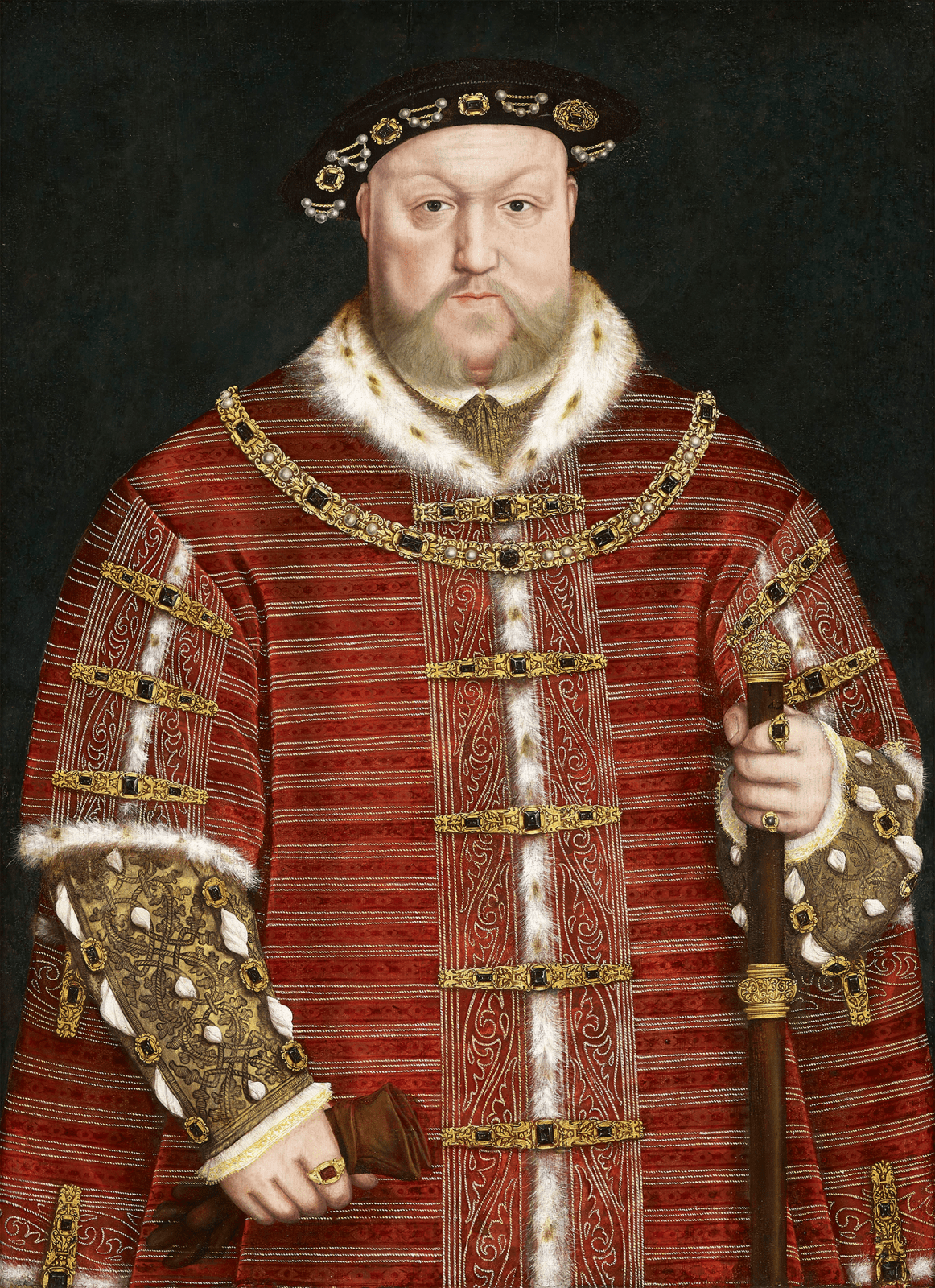 Holbein, Workshop of Hans, Portrait of King Henry VIII, half-length, wearing a richly embroidered red velvet surcoat holding a staff, 1540s