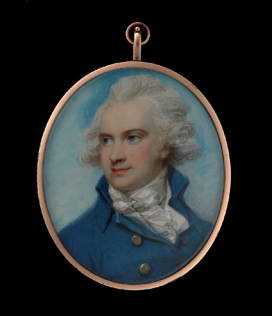 Richard Cosway, Portrait miniature of a young Gentleman, wearing blue coat, white waistcoat and white stock, his hair powdered, c. 1790
