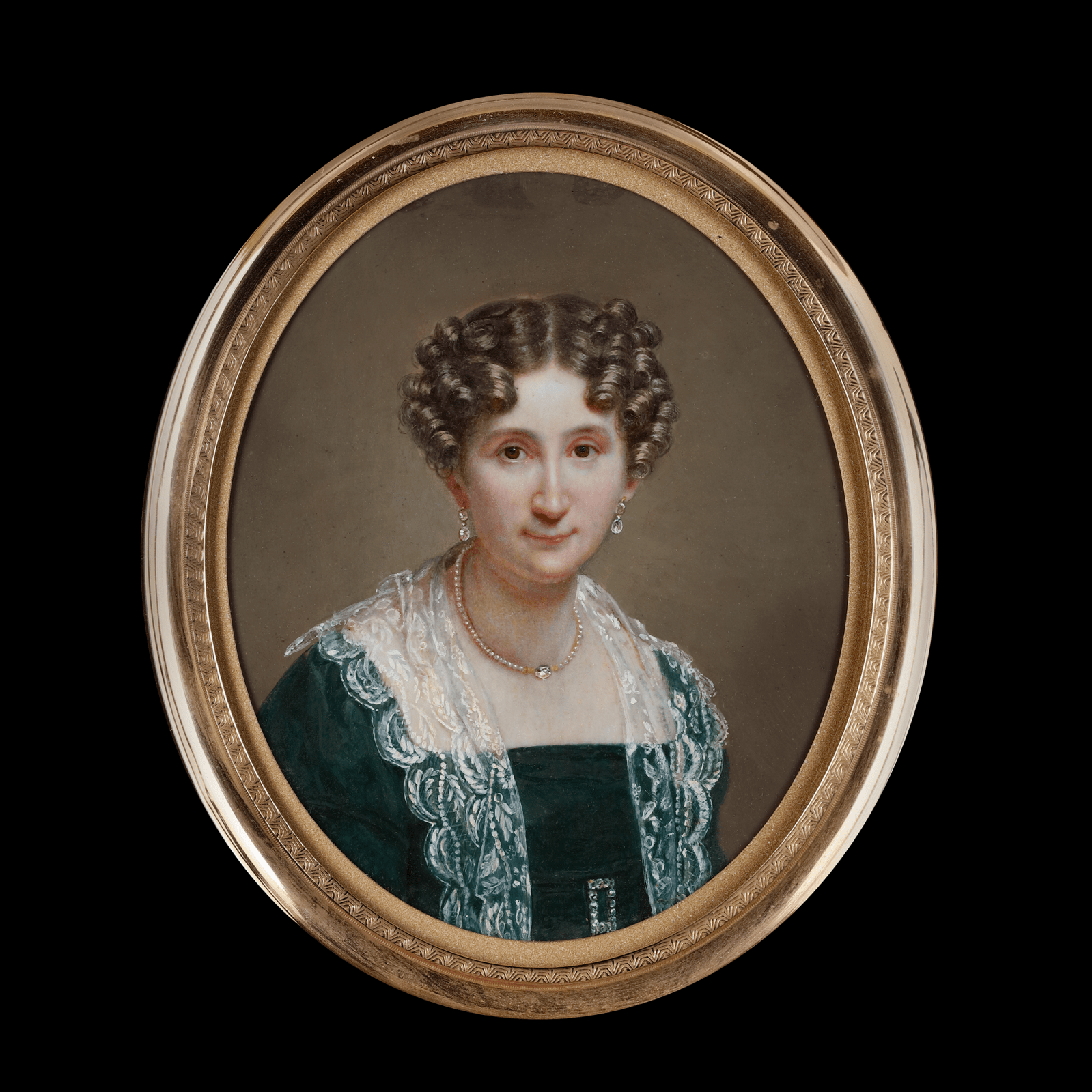 Attributed to Pauline Auzou, Self-portrait of the artist, wearing green dress with belt and lace collar, pearl necklace and pearl earrings, her hair curled, c. 1825