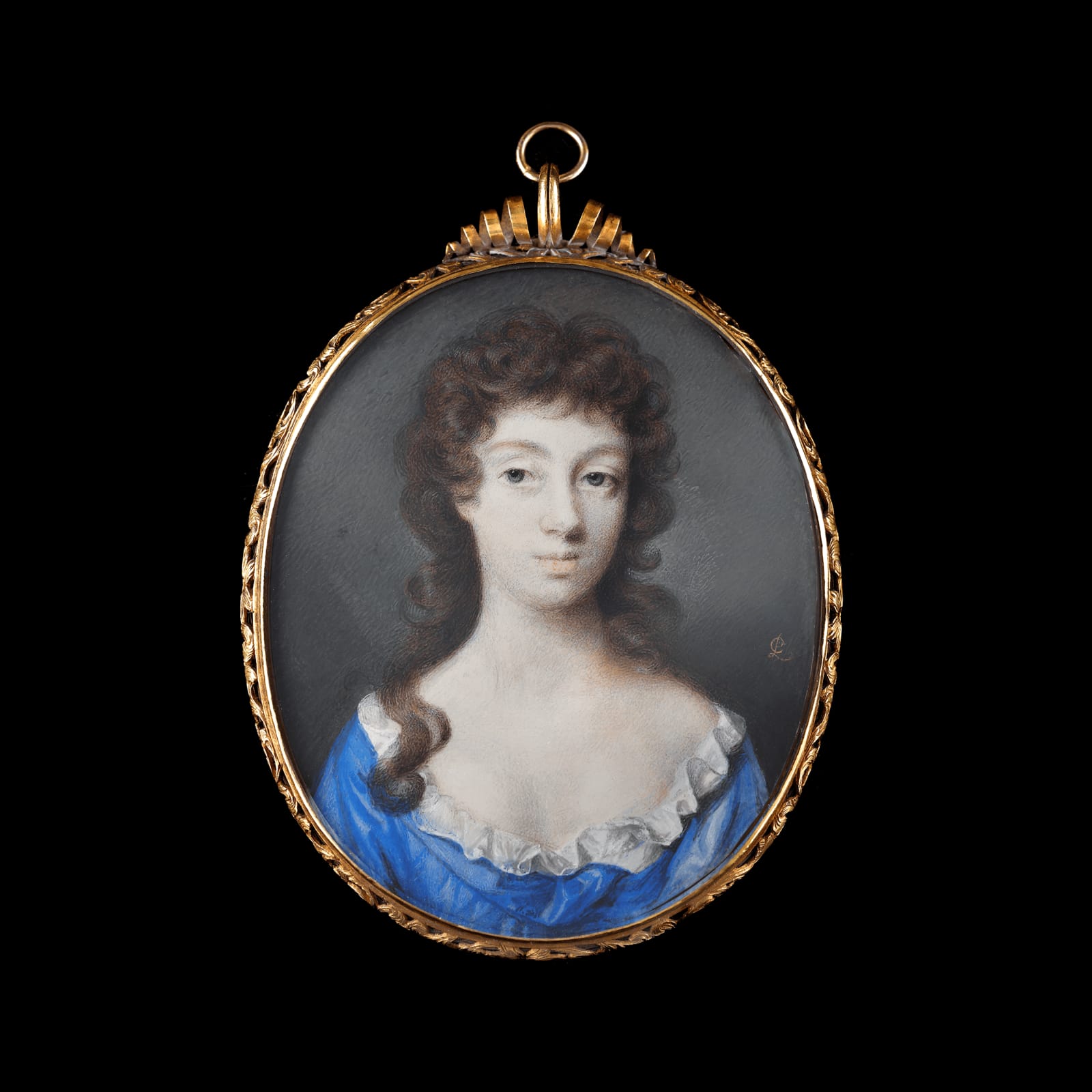 Peter Cross miniature portrait of A Lady, wearing blue dress in c. 1685 currently for sale at Philip mould & company