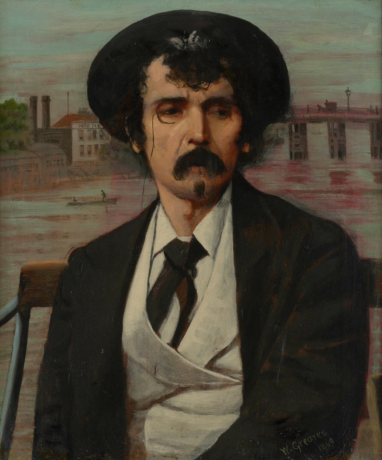 Walter Greaves oil Portrait of James Abbott McNeill Whistler in 1869 currently for sale at Philip mould & company
