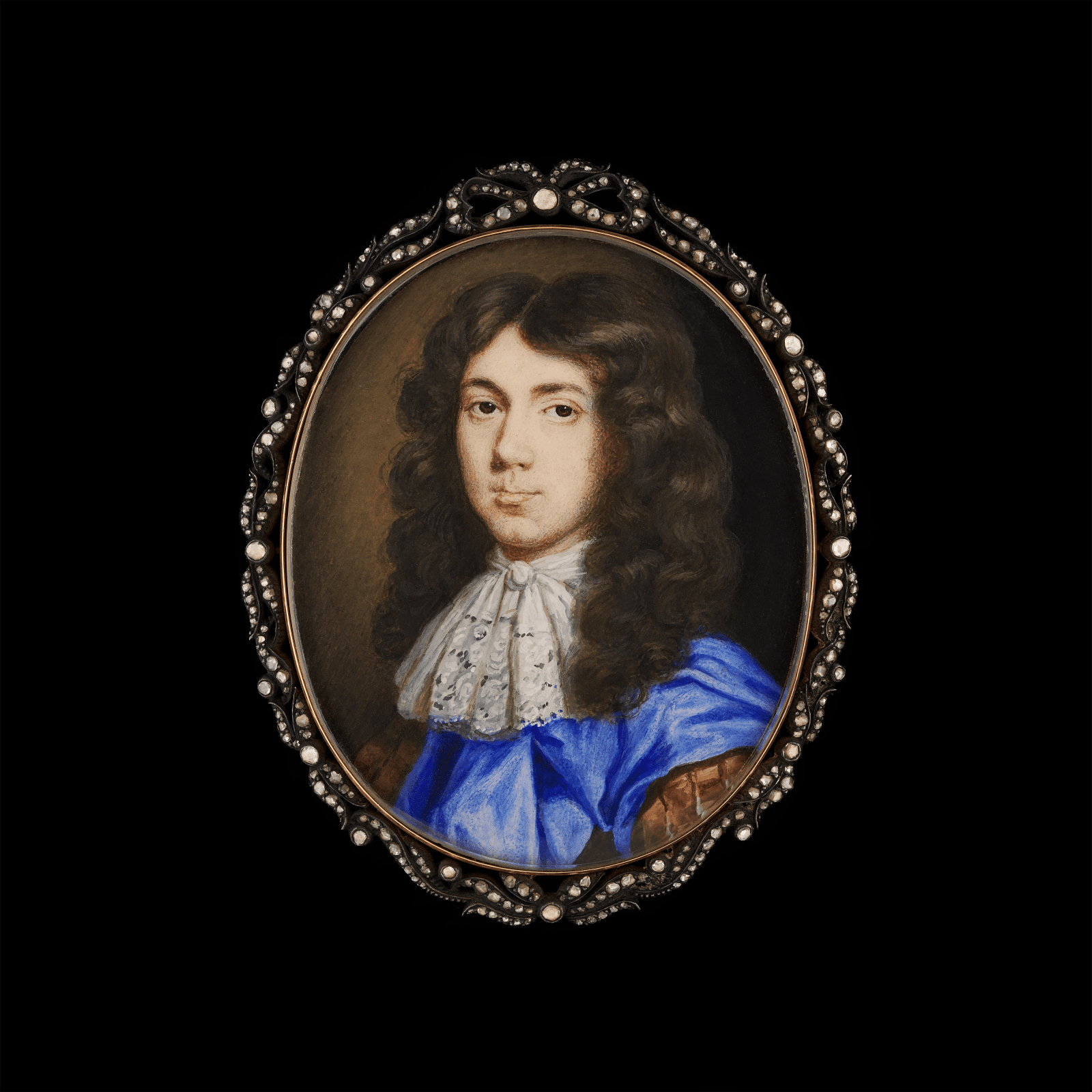 Richard Gibson Miniature portrait of a gentleman in blue painted in 1670 currently for sale at Philip mould & company