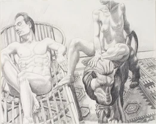 Philip Pearlstein, Seated Nudes with Bamboo Recliner and Lion, 1991