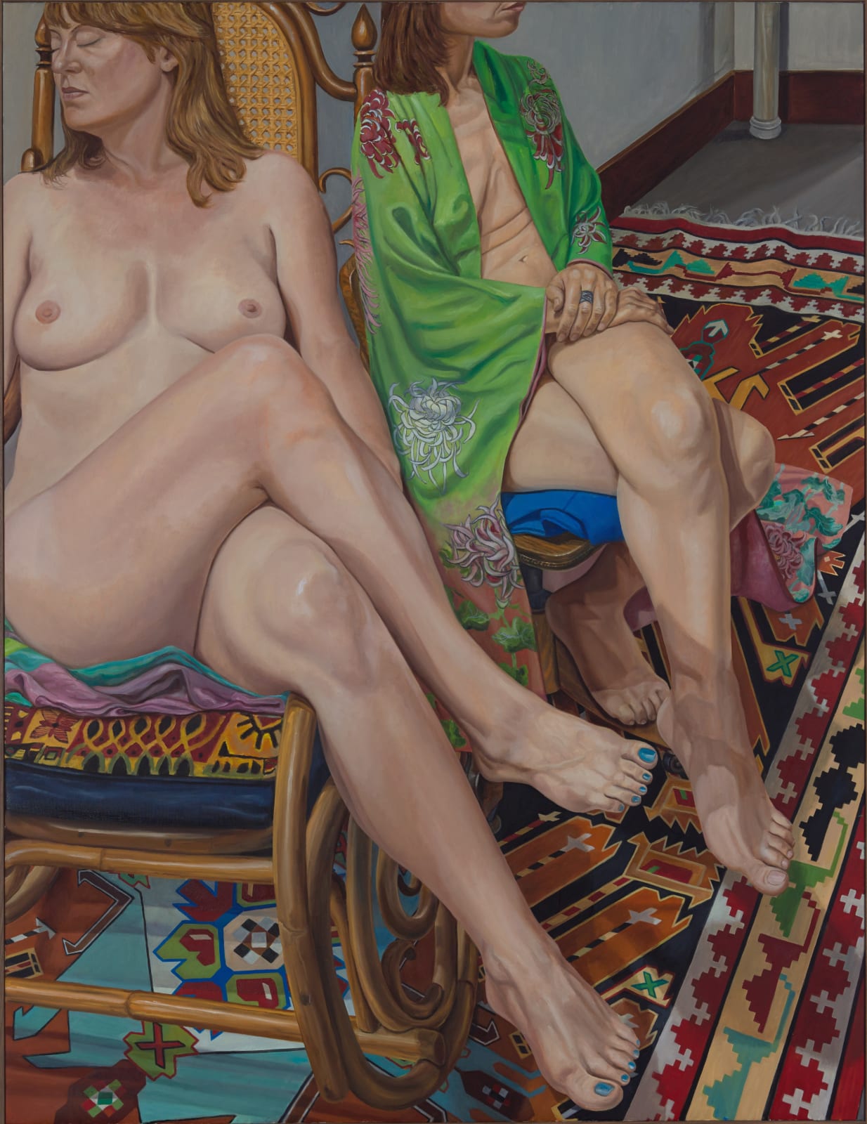 Philip Pearlstein, Two Female Models Sitting with Legs Crossed and Kazak Rug, 2013