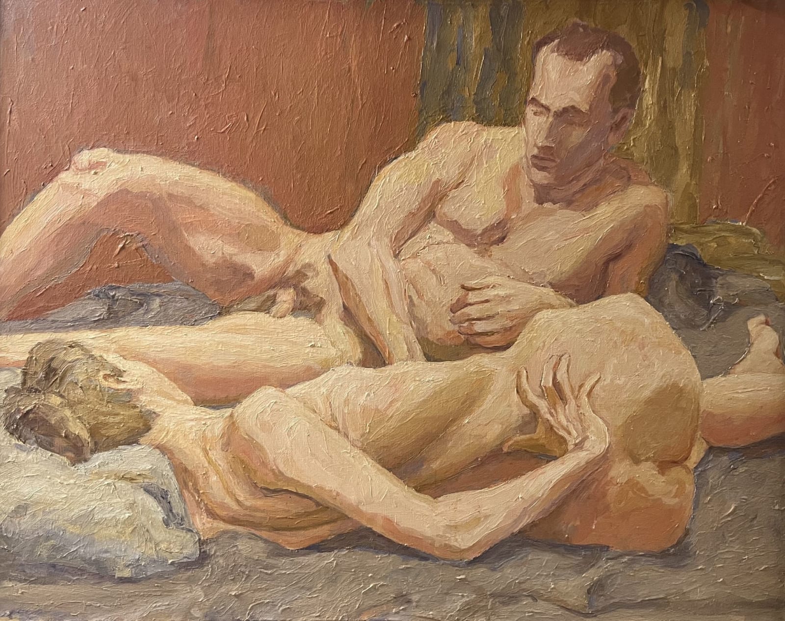 Philip Pearlstein, Reclining Male and Female Nudes, Red Background, 1961