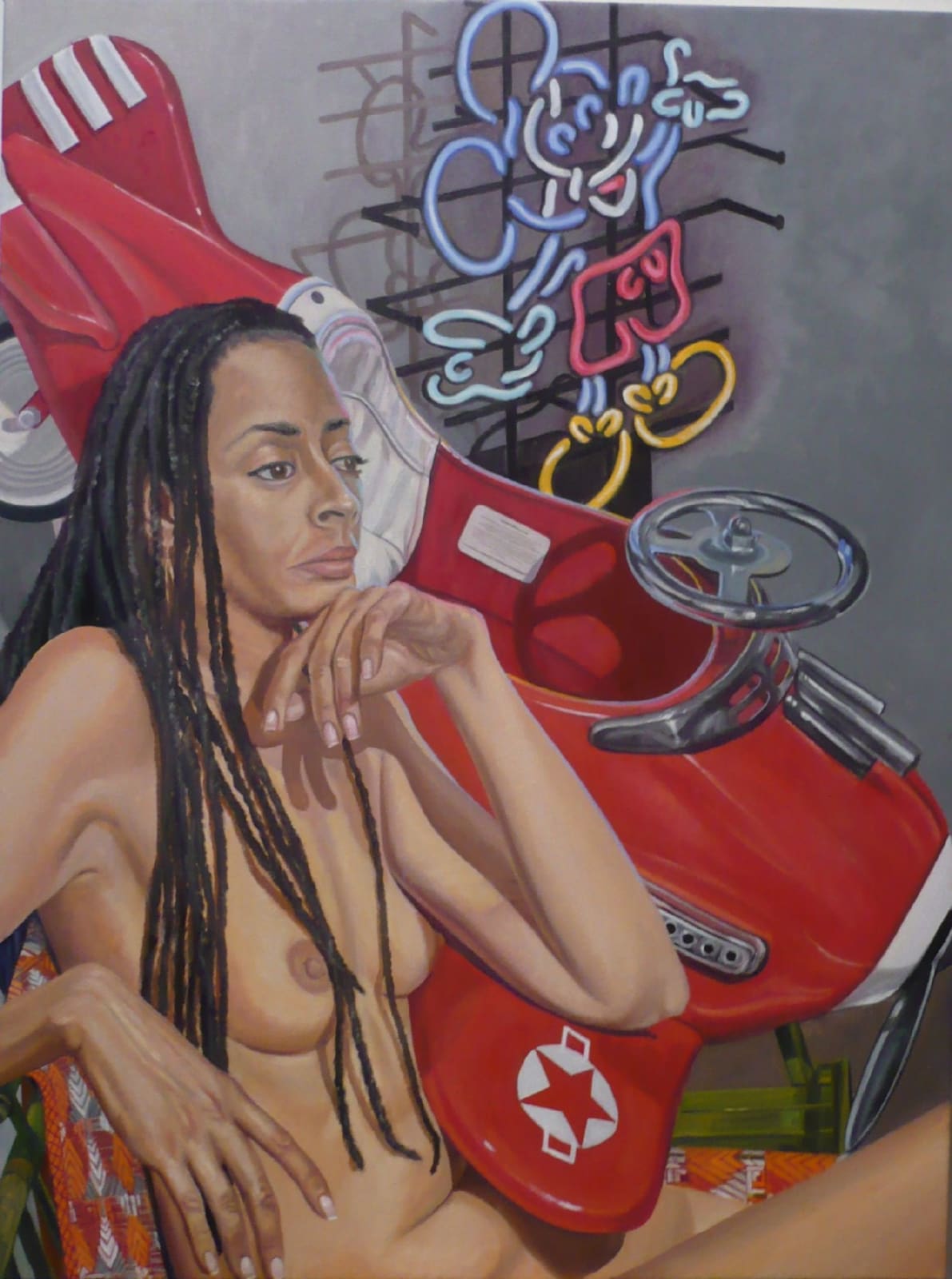 Philip Pearlstein, Model With Kiddie Car Airplane and Neon Mickey, 2009
