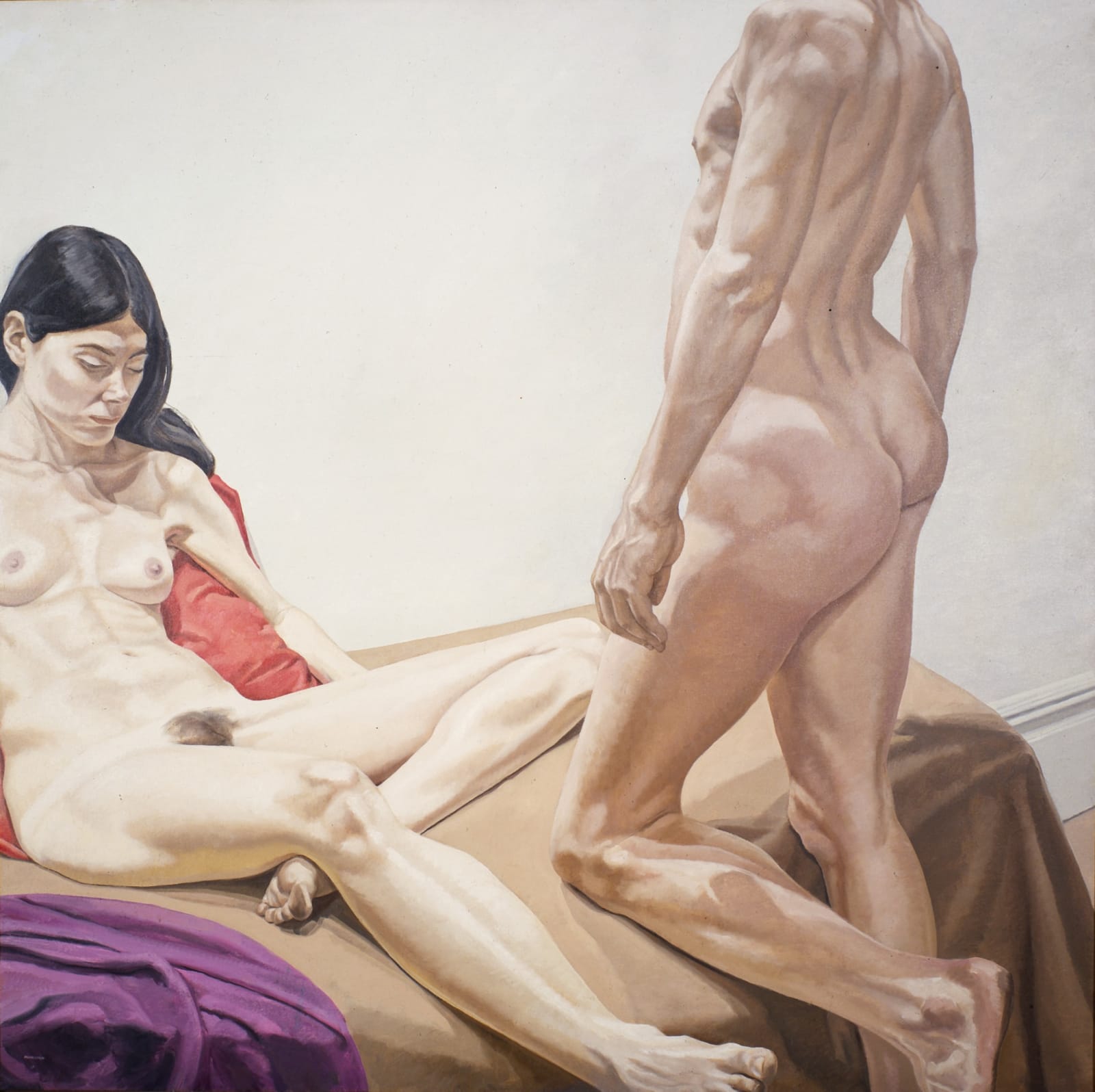 Philip Pearlstein, Male and Female Nudes with Red and Purple Drape, 1968