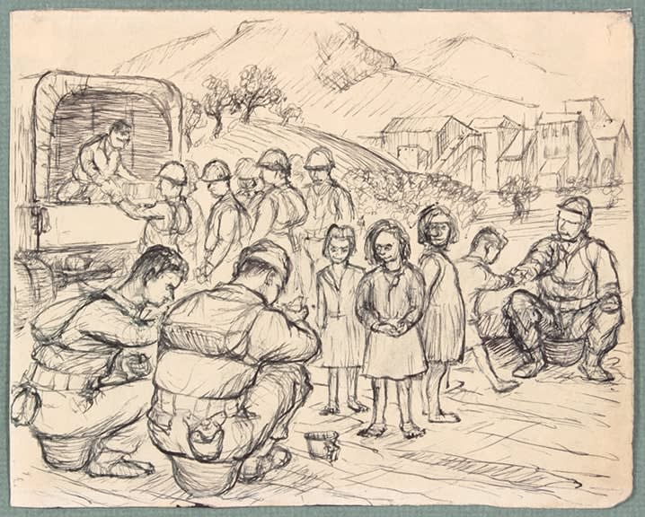 Philip Pearlstein, Untitled (Sitting on Helmets), 1943-46