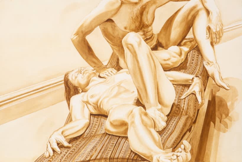 Philip Pearlstein, Male and Female Models on Mission Lounge with Striped Cover, 1978