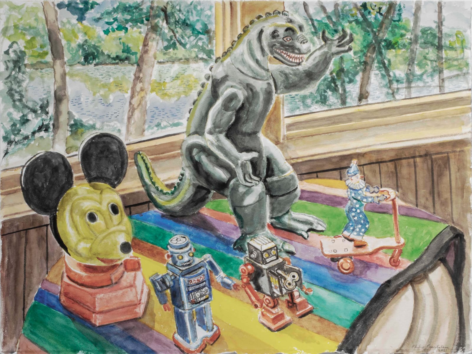 Philip Pearlstein, Mickey Mouse Candy Dispenser and Godzilla, 2021