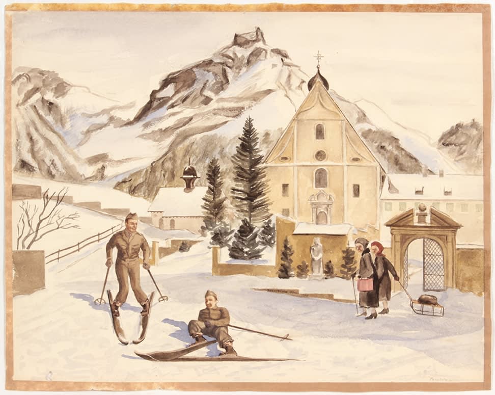Philip Pearlstein, Alpine Village (Switzerland Soldiers Skiing), 1946
